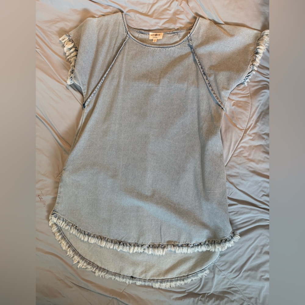 Umgee Light Blue Frayed Hem Dress With Pockets